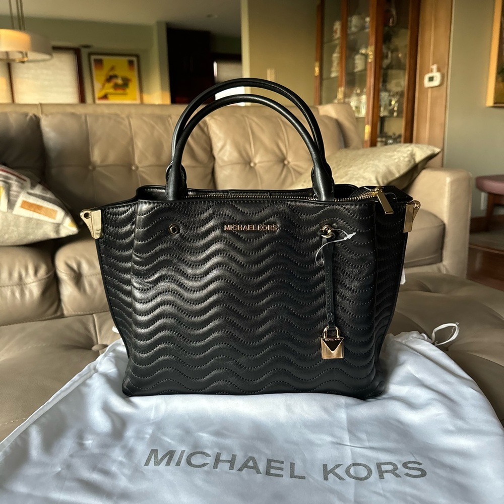 Michael Kors Black Quilted Satchel with Gold Charm